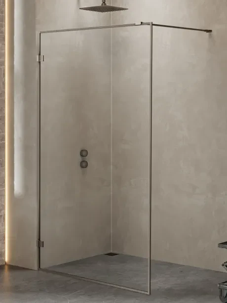 Kabina prysznicowa walk in Avexa Gunmetal Brushed, jednoelementowa, z aluminiową ramką.