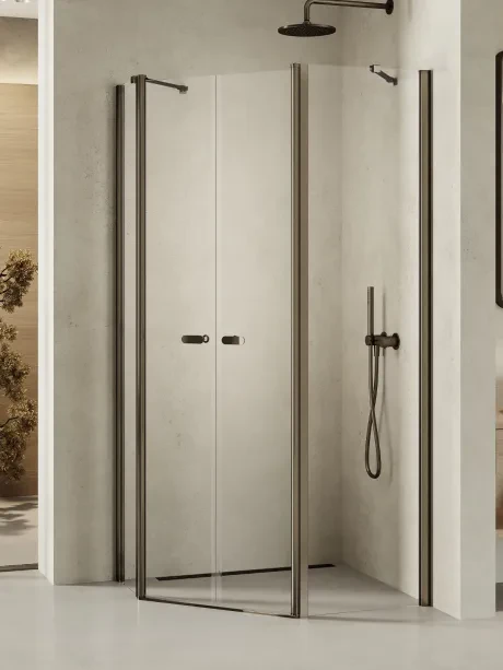 Kabina prysznicowa New Soleo Gunmetal Brushed, pięciokątna, asymetryczna, drzwi podwójne