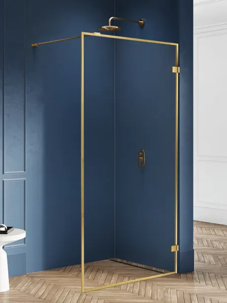Kabina prysznicowa walk in Avexa Gold Brushed, jednoelementowa. Z aluminiową ramką.