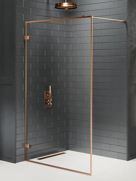 Kabina prysznicowa walk in Avexa Copper Brushed, jednoelementowa, z aluminiową ramką.