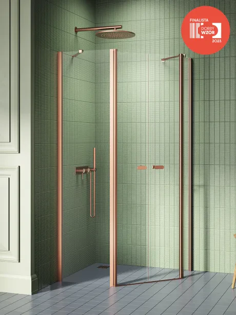 Kabina prysznicowa New Soleo Copper Brushed, pięciokątna, asymetryczna, drzwi podwójne