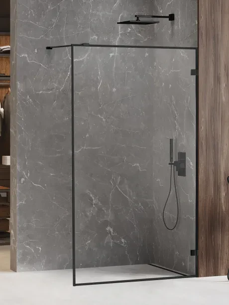 Kabina prysznicowa walk in Avexa Black, jednoelementowa, z aluminiową ramką.