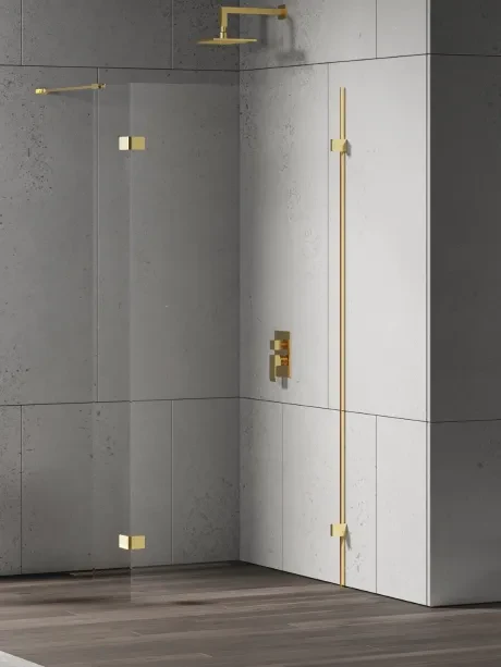Kabina prysznicowa walk in Eventa Gold Shine. Jednoelementowa, z dodatkową ścianką