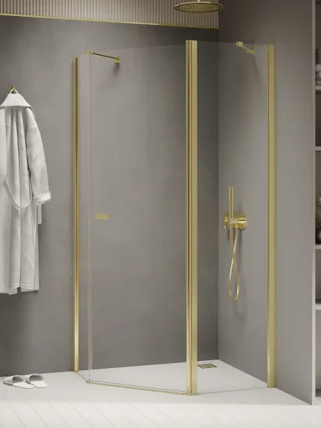 Kabina prysznicowa New Soleo Gold Shine, pięciokątna, asymetryczna, drzwi pojedyncze