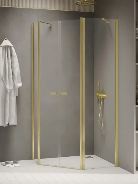 Kabina prysznicowa New Soleo Gold Shine, pięciokątna, asymetryczna, drzwi podwójne