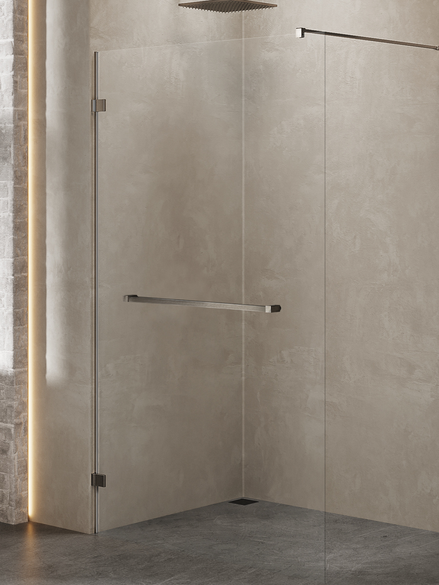 Walk-in Avexa Gunmetal Brushed one-piece shower enclosure, with hanger. 6 mm glass.