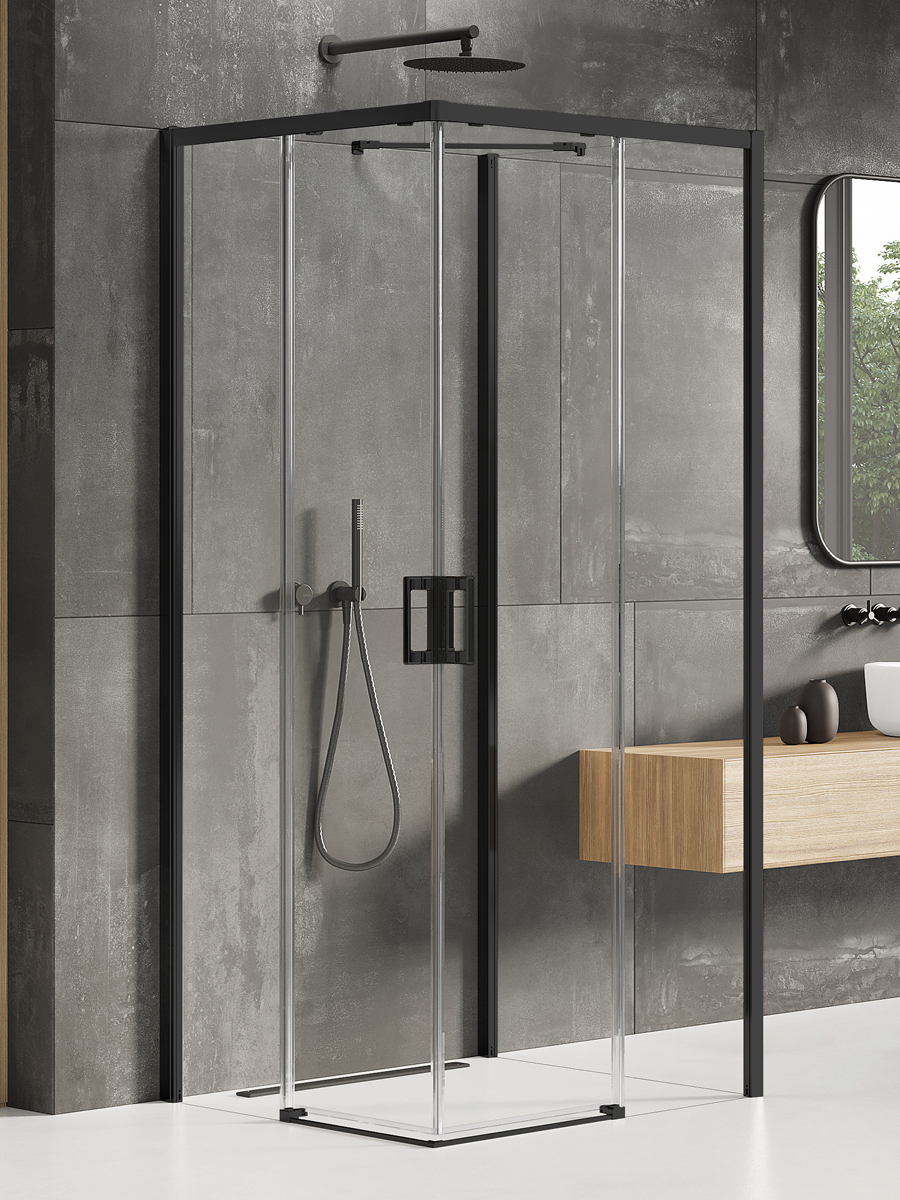 Prime Black shower enclosure, wall mounted, double doors, sliding, entry from corner